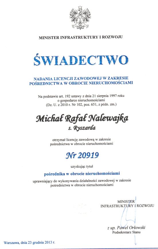 Świadectwo Nadania Licencji Michał Nalewajka